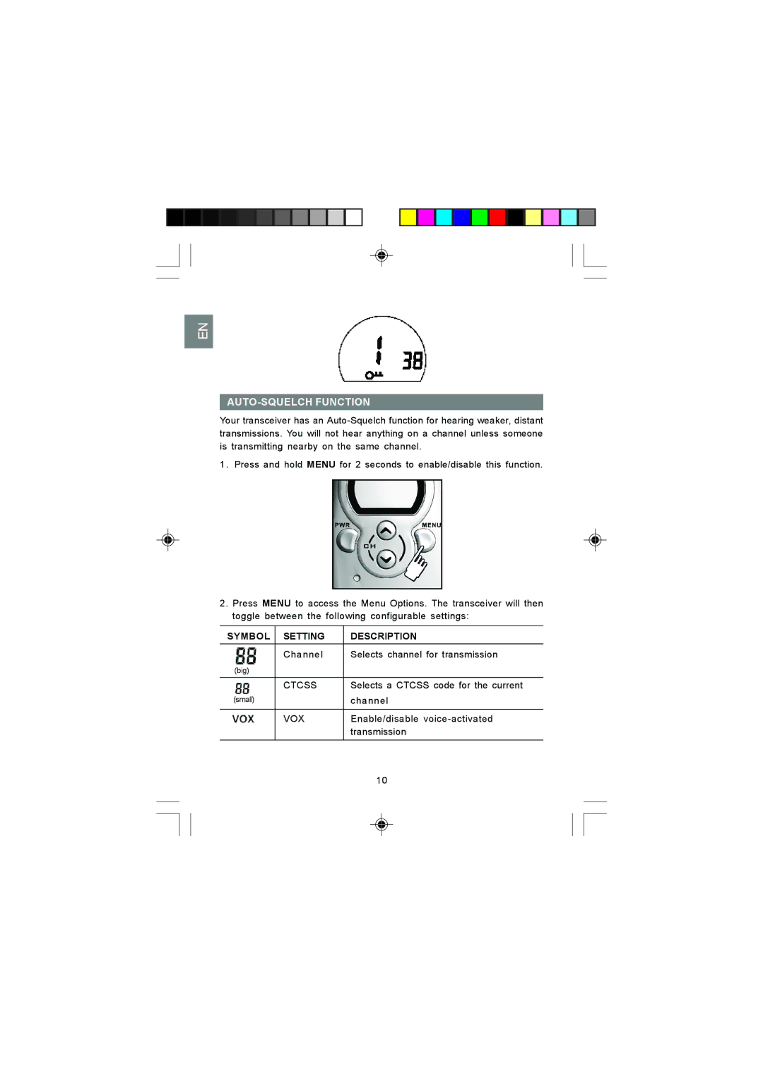 Oregon Scientific TP380 user manual AUTO-SQUELCH Function, Symbol Setting Description 