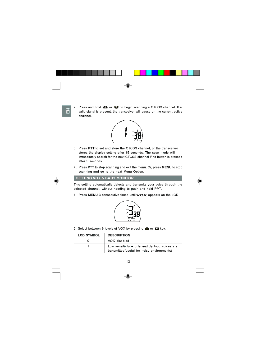 Oregon Scientific TP380 user manual Setting VOX & Baby Monitor, LCD Symbol Description 