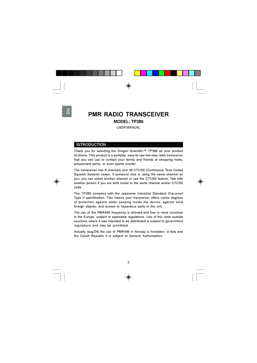 Oregon Scientific TP380 user manual PMR Radio Transceiver, Introduction 