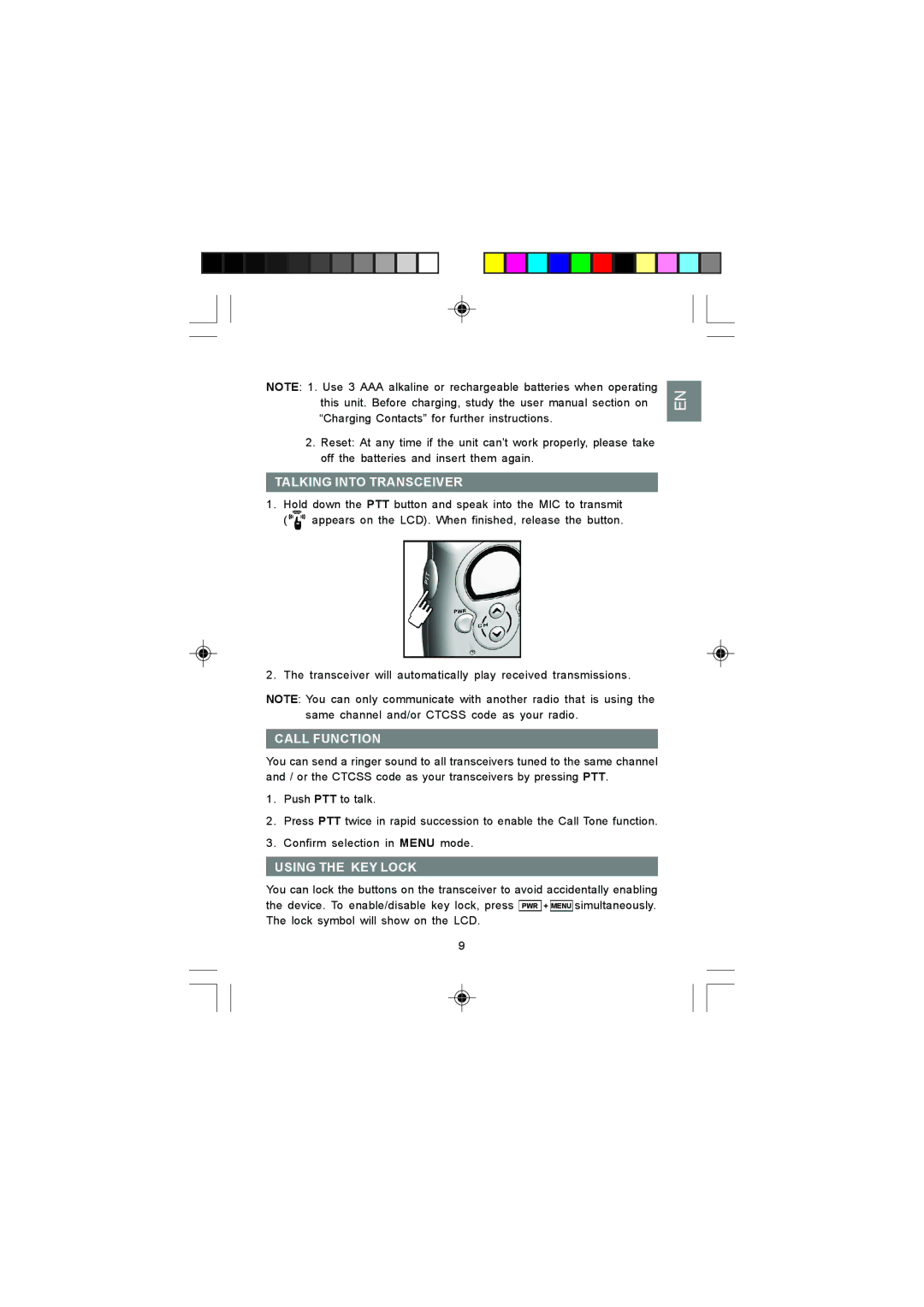 Oregon Scientific TP380 user manual Talking Into Transceiver, Call Function, Using the KEY Lock 