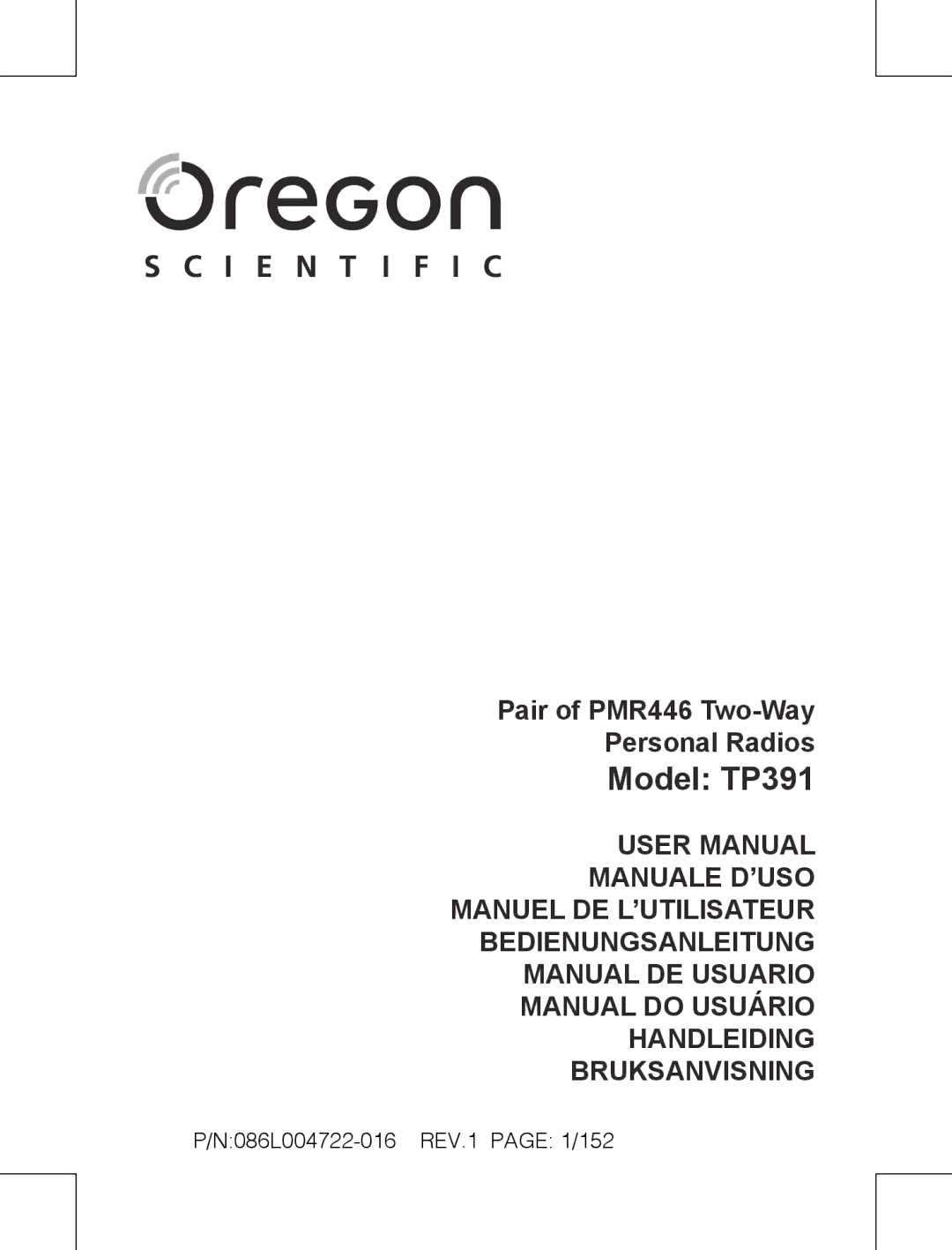 Oregon Scientific user manual Model TP391, N086L004722-016 REV.1 page 1/152 