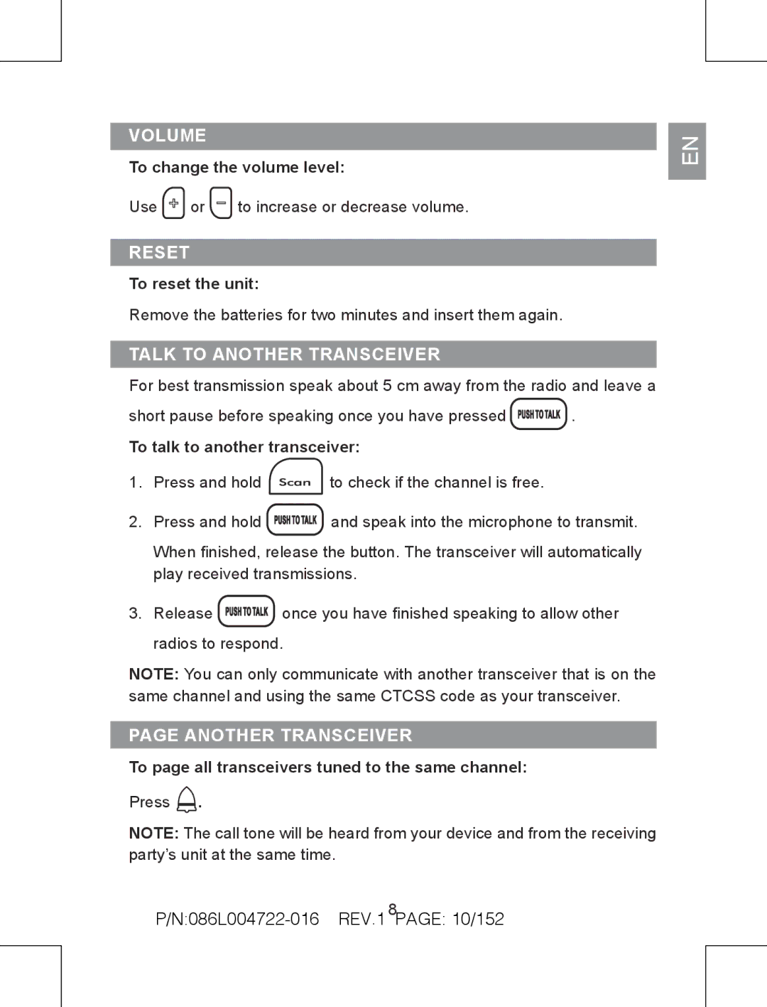 Oregon Scientific TP391 Volume, Reset, Talk to another transceiver, Another transceiver, N086L004722-016 REV.1 page 10/152 