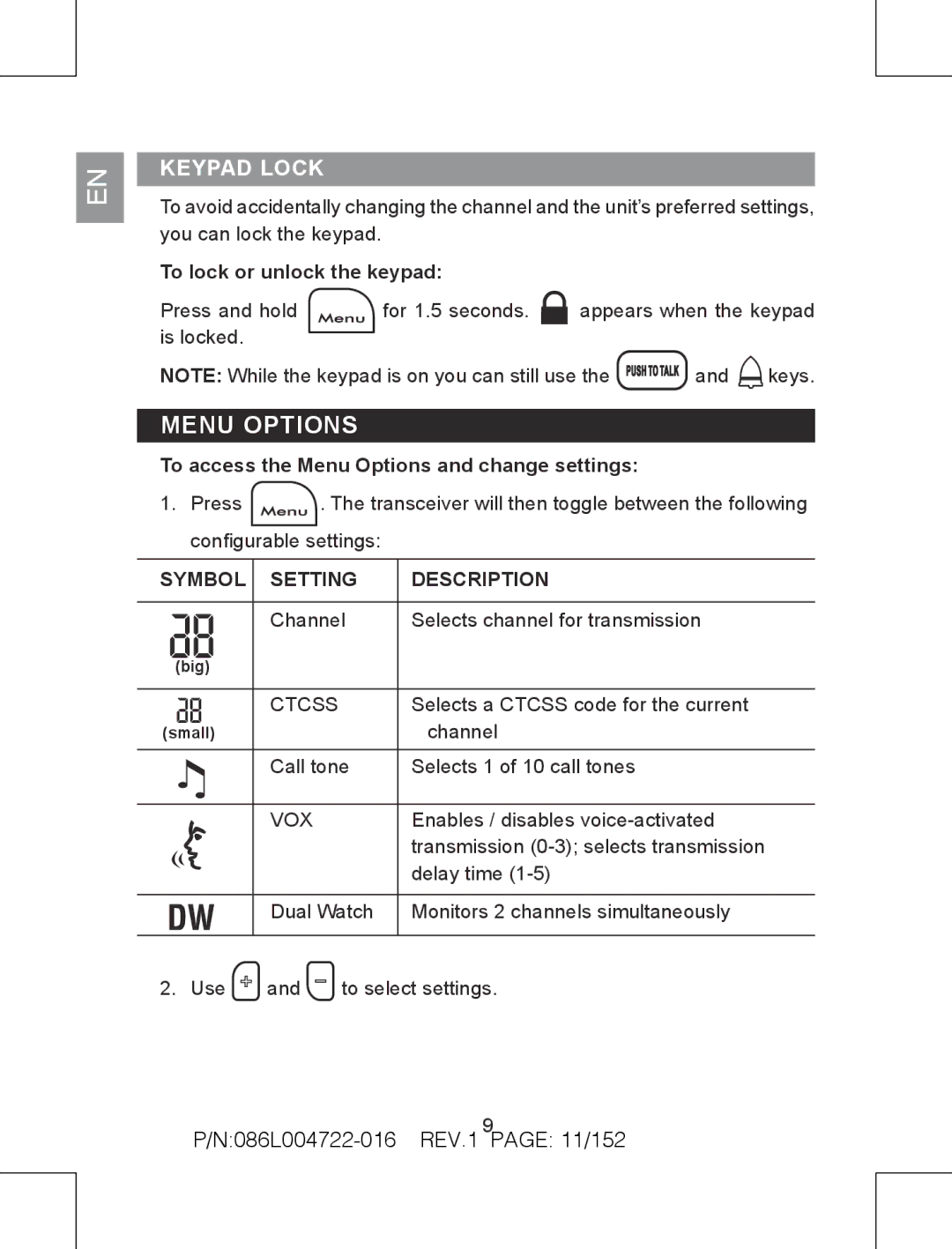 Oregon Scientific TP391 Menu Options, Keypad lock, N086L004722-016 REV.1 page 11/152, Symbol Setting Description 