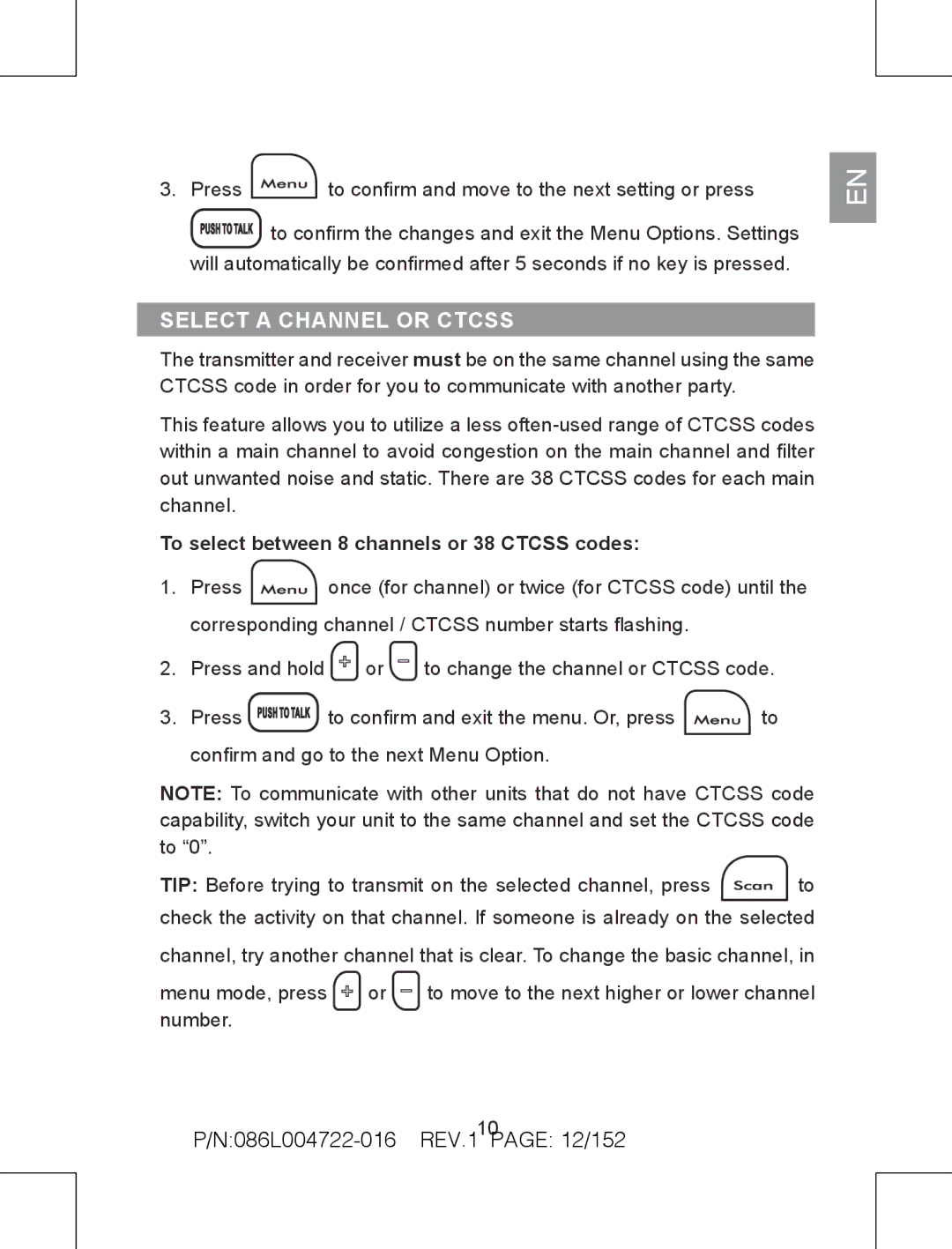 Oregon Scientific TP391 user manual Select a channel or Ctcss, N086L004722-016 REV.1 page 12/152 