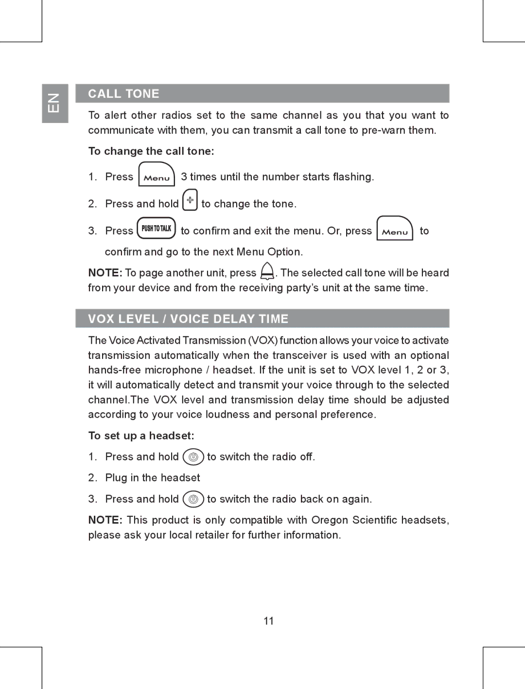 Oregon Scientific TP391 Call tone, VOX level / voice delay time, N086L004722-016 REV.1 page 13/152, To set up a headset 