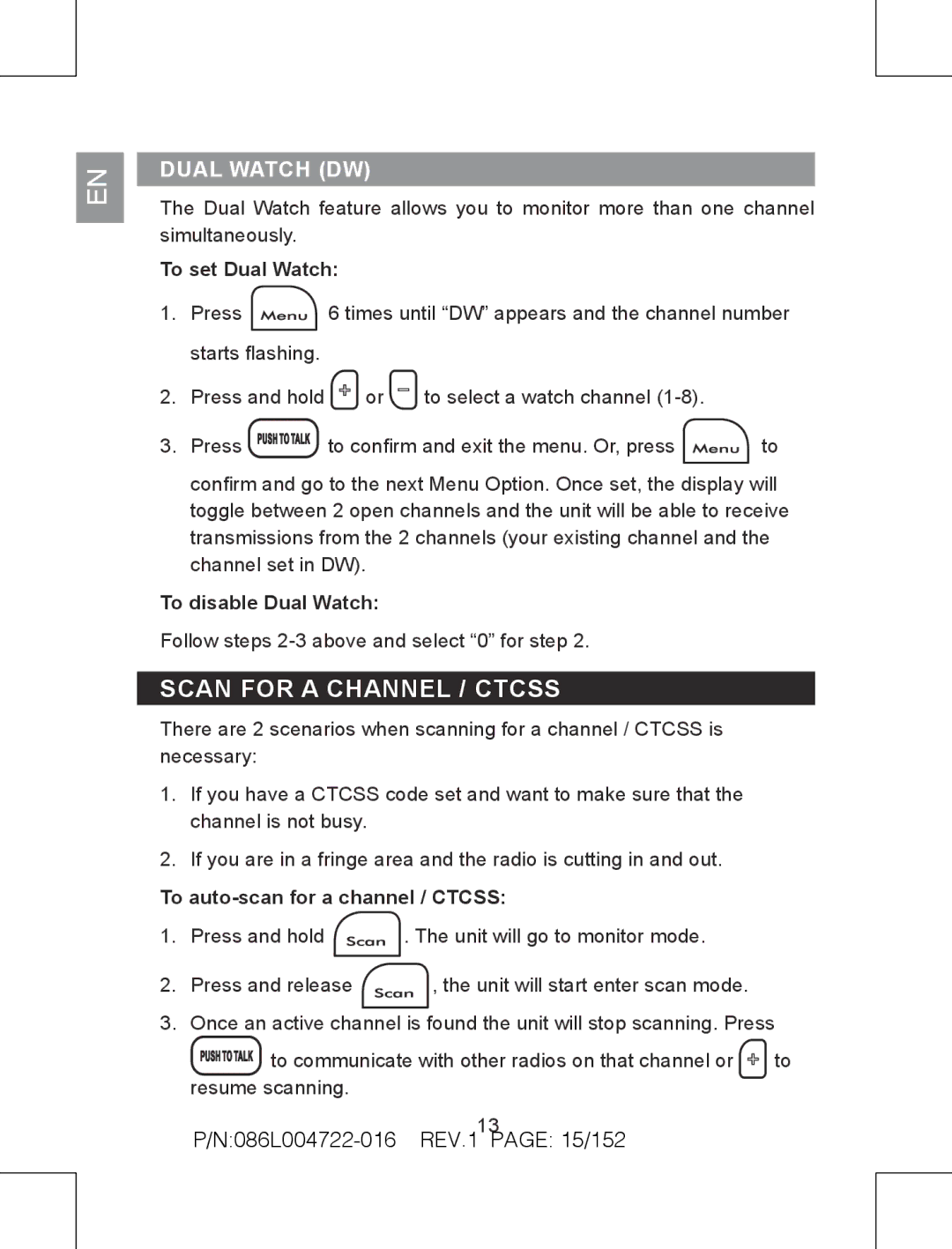 Oregon Scientific TP391 user manual Scan for a Channel / Ctcss, Dual Watch DW, N086L004722-016 REV.1 page 15/152 