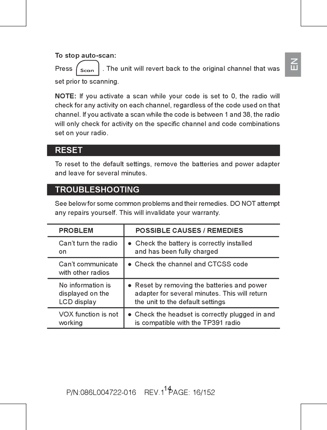 Oregon Scientific TP391 user manual Reset, Troubleshooting, N086L004722-016 REV.1 page 16/152, To stop auto-scan 