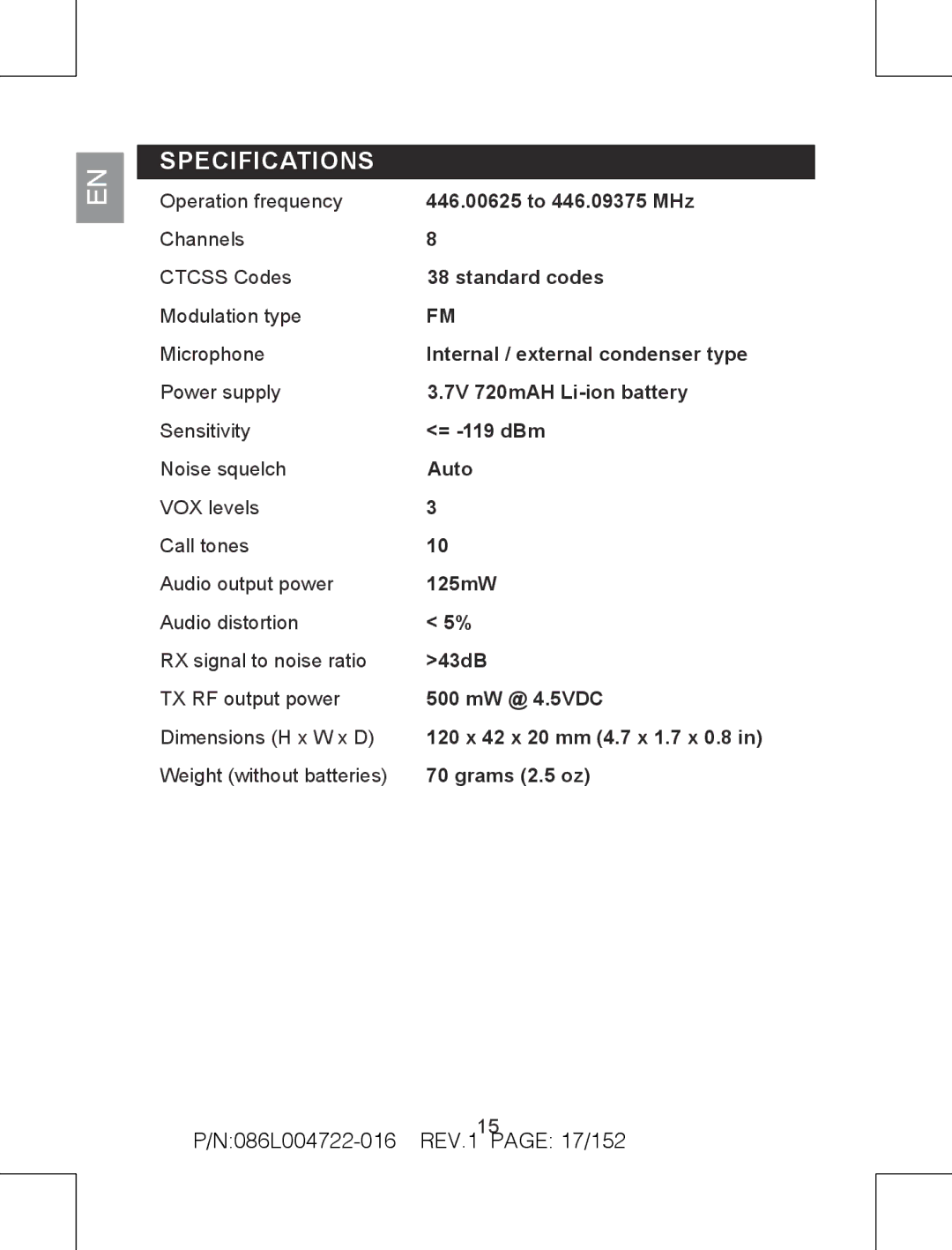 Oregon Scientific TP391 Specifications, N086L004722-016 REV.1 page 17/152, Weight without batteries Grams 2.5 oz 