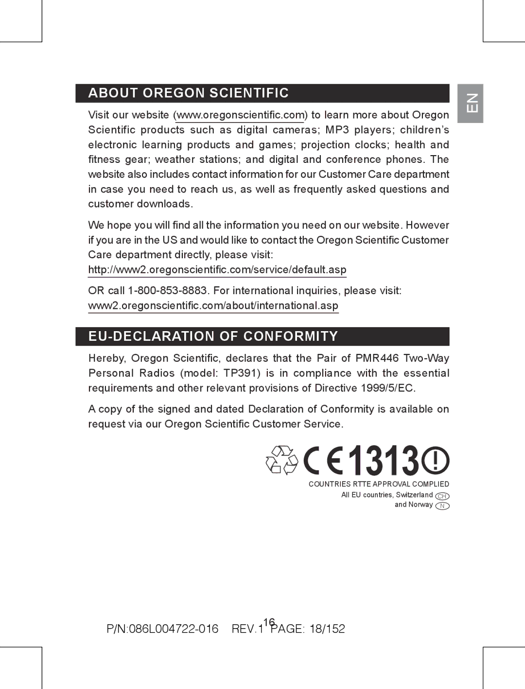 Oregon Scientific TP391 user manual About Oregon Scientific EU-DECLARATION of Conformity, N086L004722-016 REV.1 page 18/152 