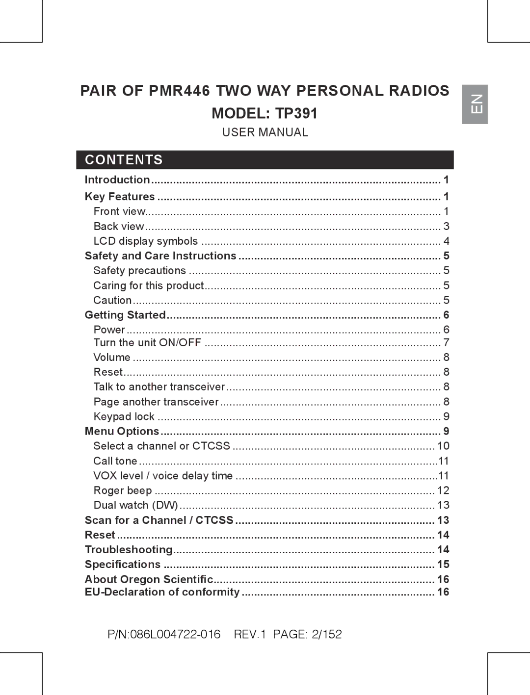 Oregon Scientific user manual Pair of PMR446 TWO WAY Personal Radios Model TP391, Contents 