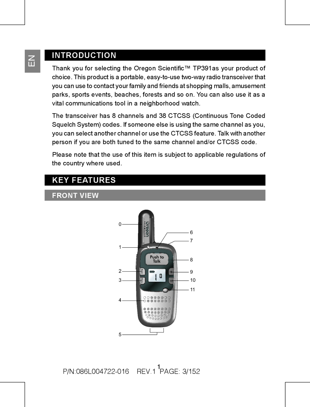 Oregon Scientific TP391 user manual Front view, N086L004722-016 REV.1 PAGE 3/152 