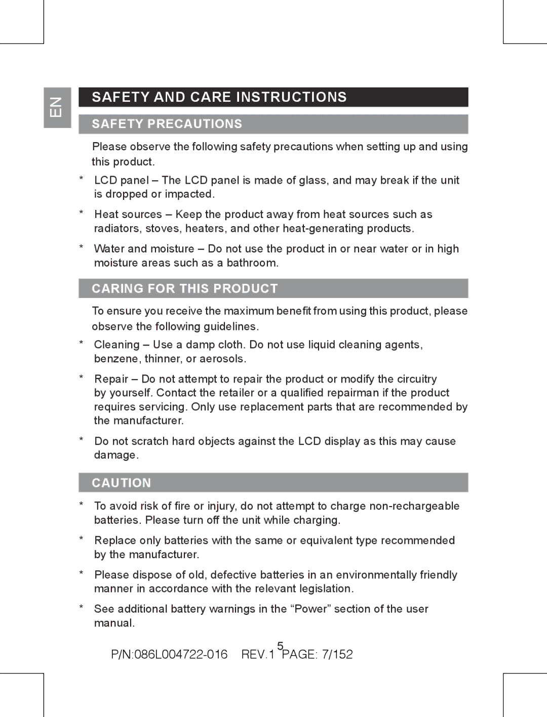 Oregon Scientific TP391 user manual Safety and Care Instructions, N086L004722-016 REV.1 PAGE 7/152 