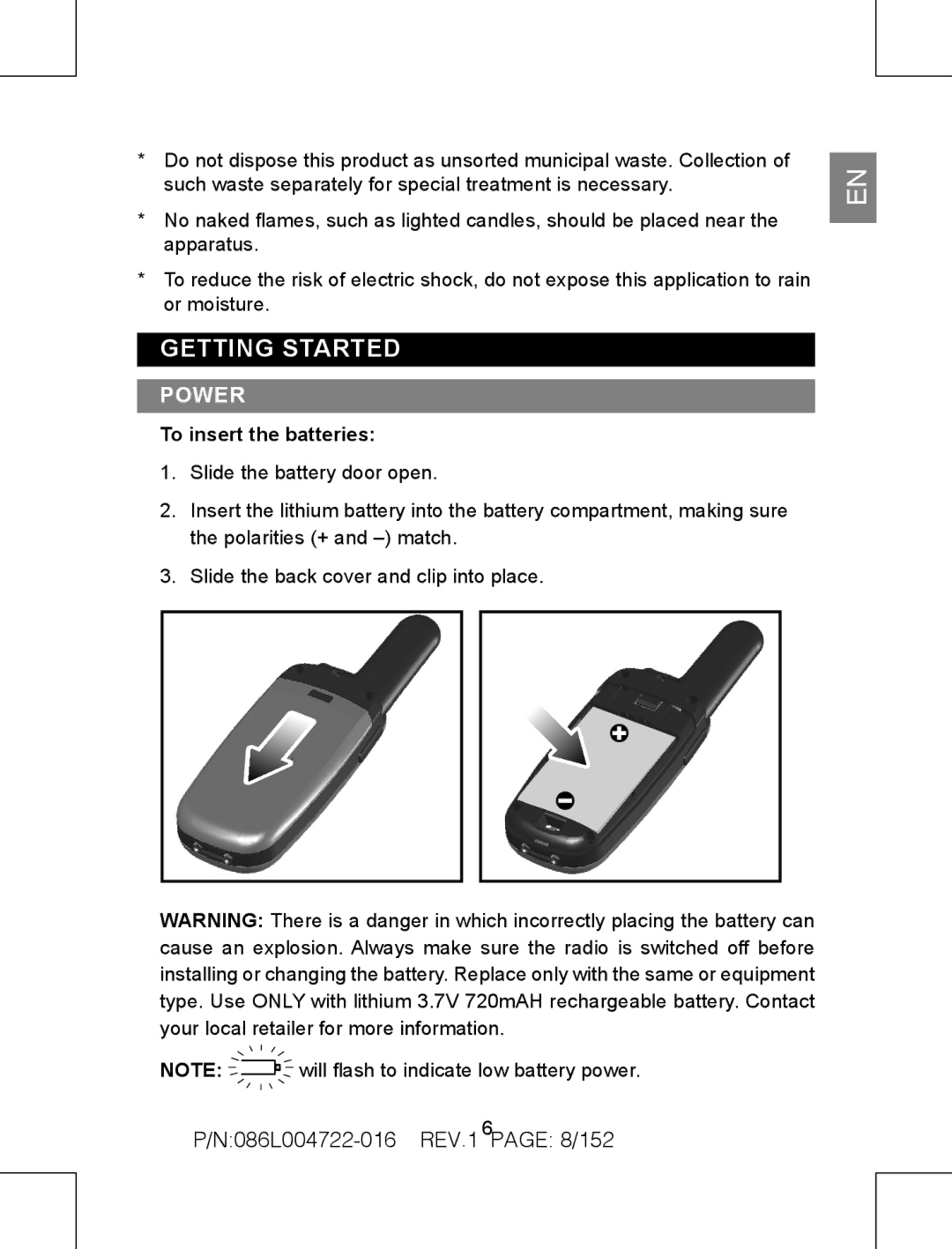 Oregon Scientific TP391 user manual Getting Started, Power, N086L004722-016 REV.1 PAGE 8/152, To insert the batteries 