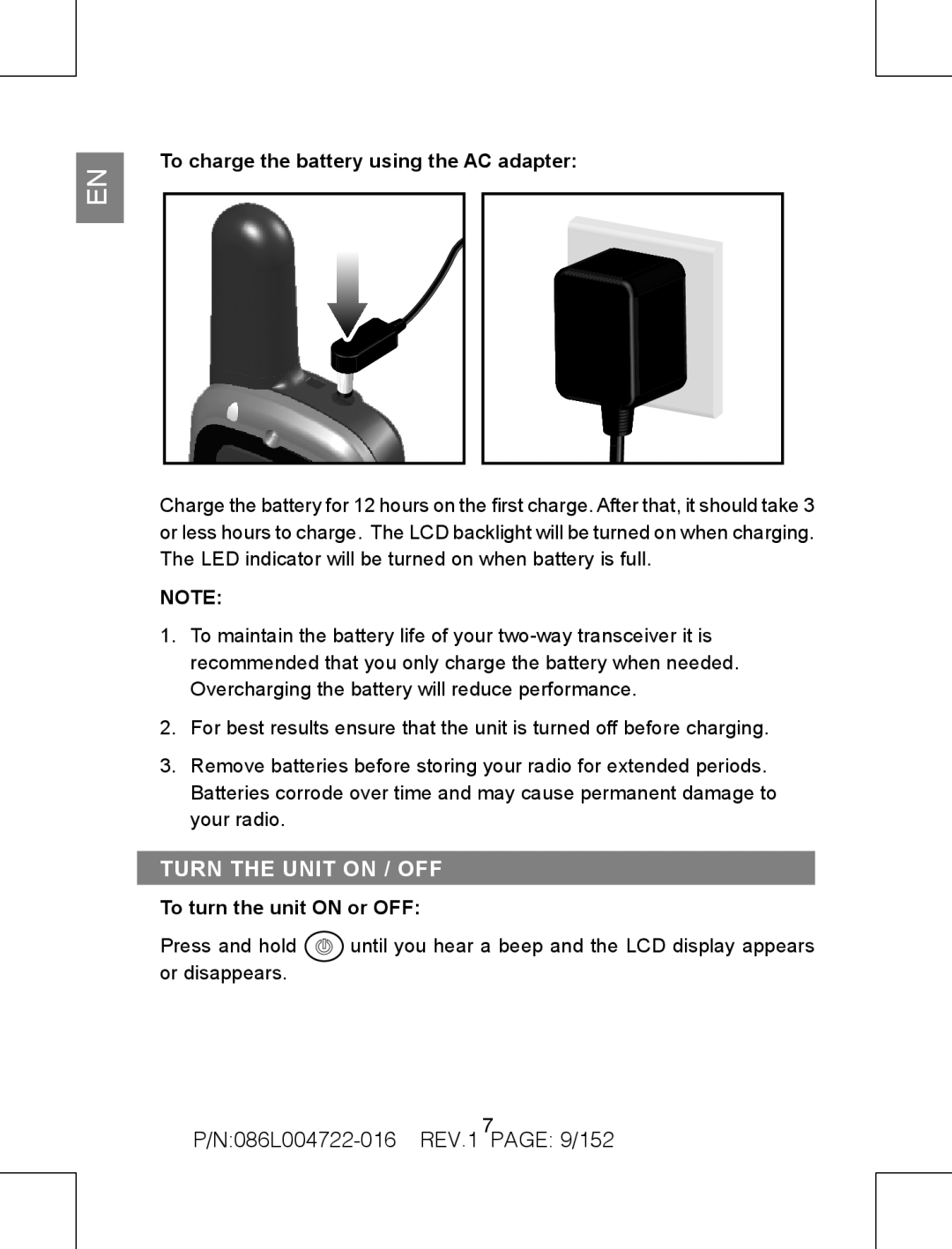 Oregon Scientific TP391 user manual Turn the unit on / OFF, N086L004722-016 REV.1 PAGE 9/152, To turn the unit on or OFF 