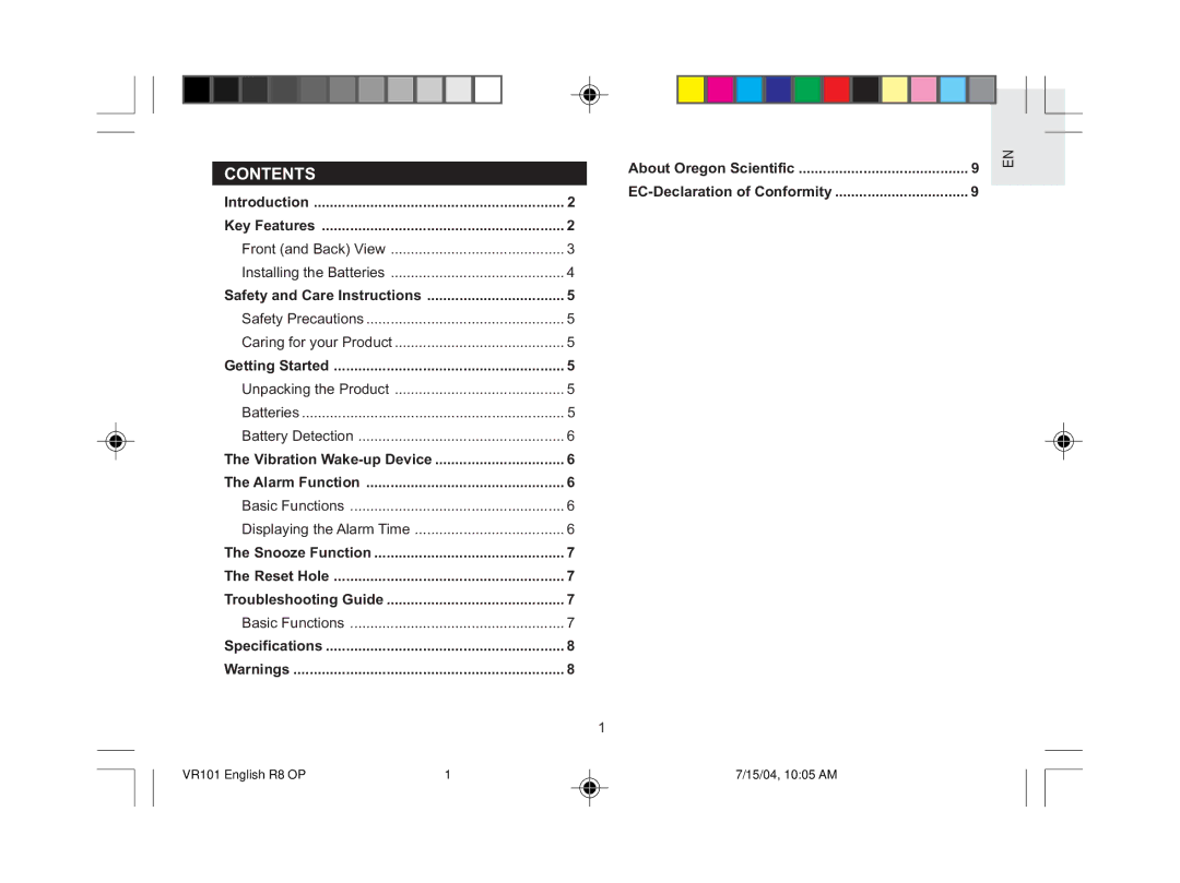 Oregon Scientific VR101 user manual Contents 