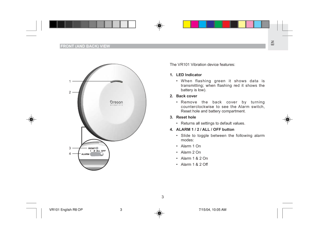 Oregon Scientific VR101 Front and Back View, LED Indicator, Back cover, Reset hole, Alarm 1 / 2 / ALL / OFF button 