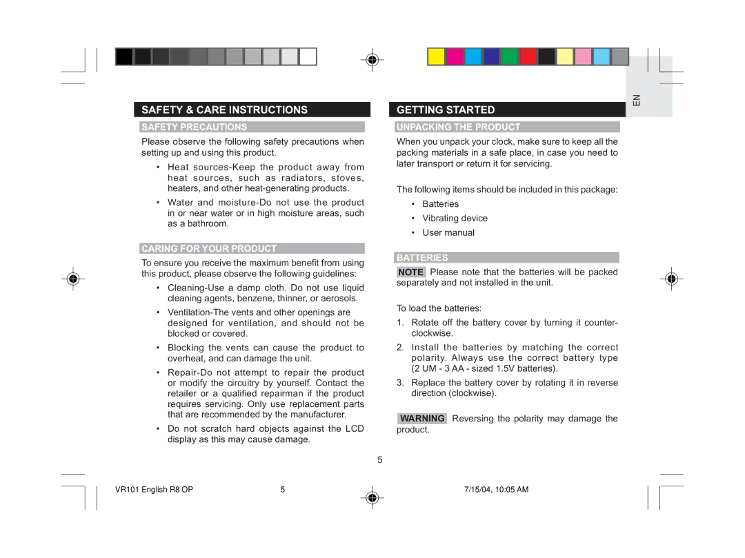 Oregon Scientific VR101 user manual Safety & Care Instructions, Getting Started 