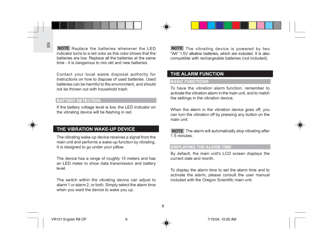 Oregon Scientific VR101 user manual Vibration WAKE-UP Device, Alarm Function, Battery Detection, Basic Functions 