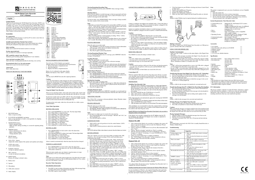 Oregon Scientific VR355 user manual Getting Started, PC connectivity, Variable speed playback Normal, Fast or Slow, Care 