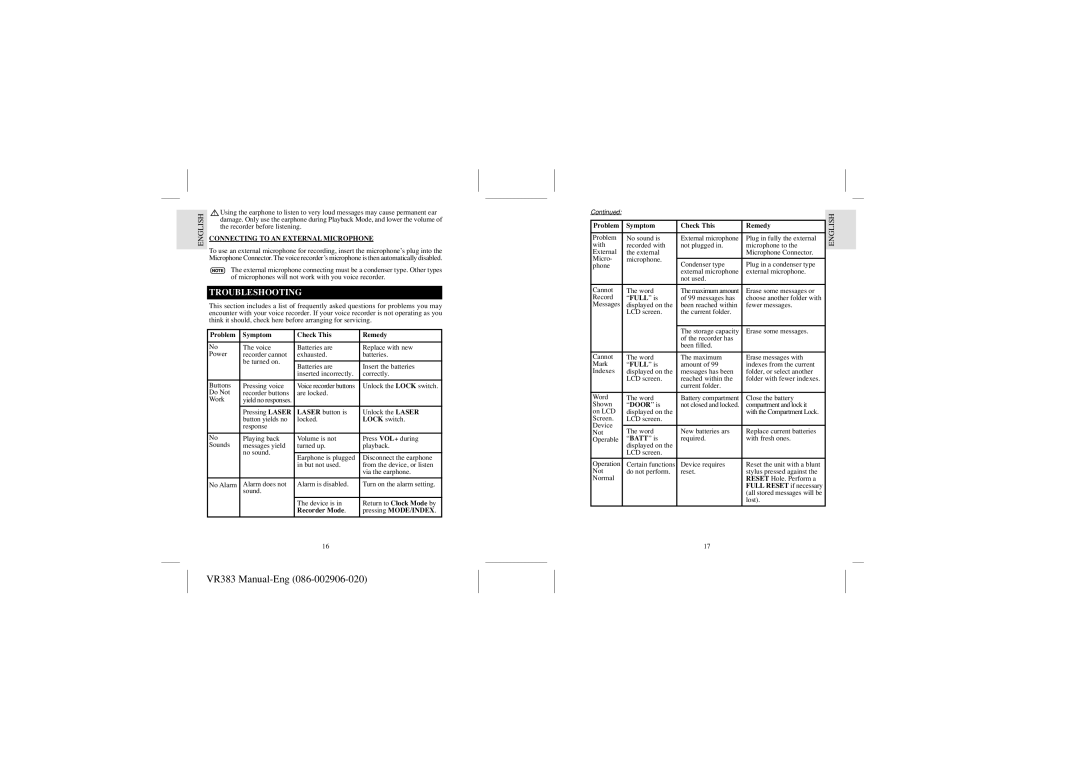 Oregon Scientific VR383 user manual Troubleshooting, Problem Symptom Check This Remedy, Recorder Mode 