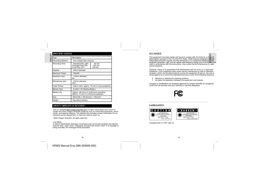 Oregon Scientific VR383 user manual Specifications, About Oregon Scientific, FCC Notice, Italiano, Laser Safety 