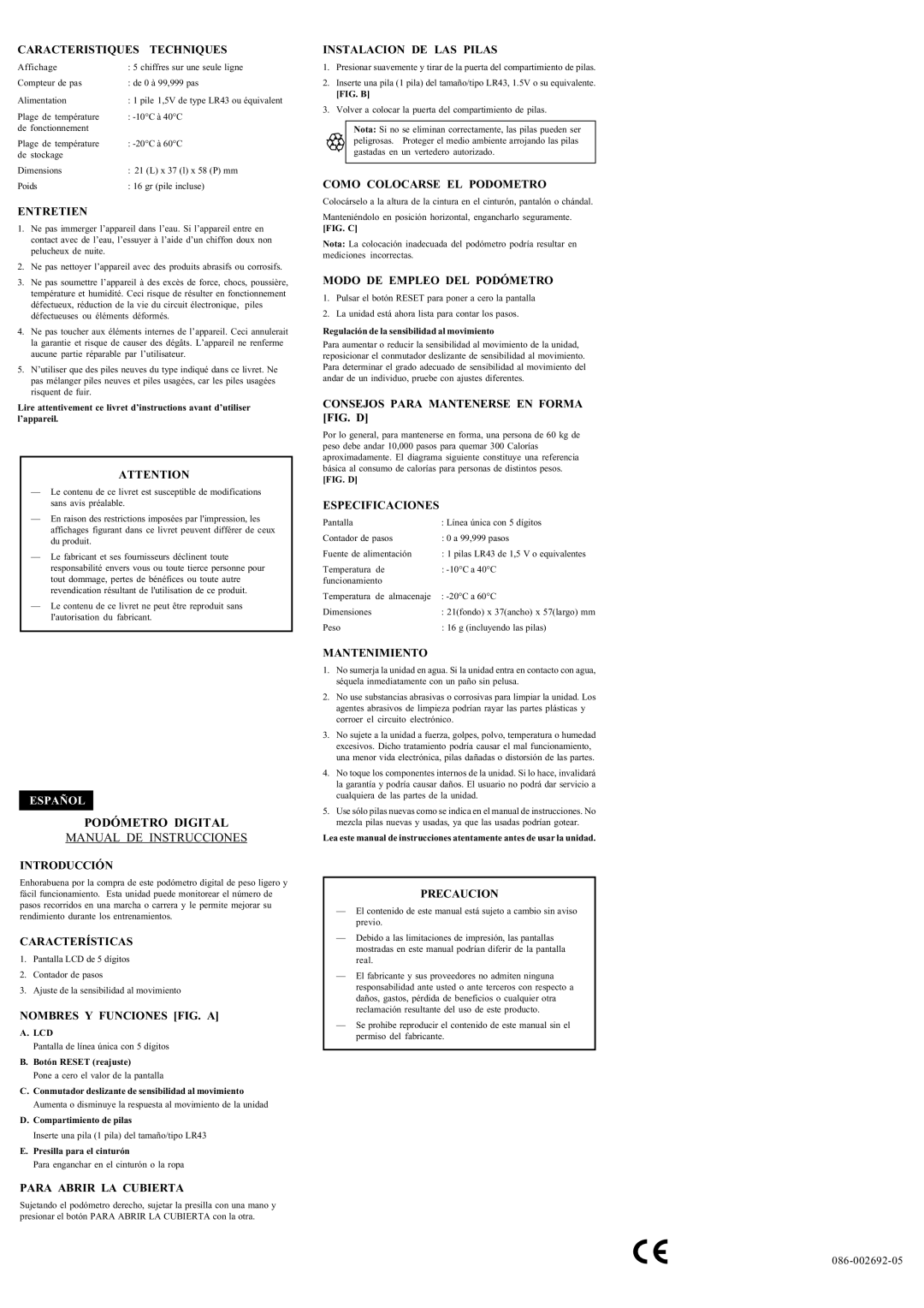 Oregon Scientific WA101 Caracteristiques Techniques, Entretien, Introducción, Características, Nombres Y Funciones FIG. a 