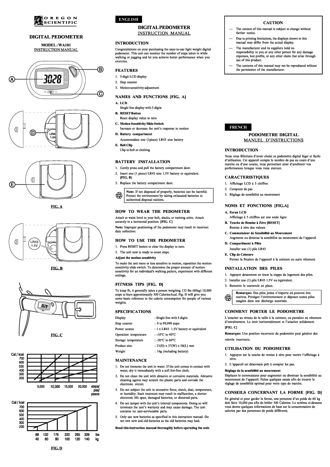 Oregon Scientific WA101 instruction manual Podometre Digital, Manuel D’Instructions, English, French, Digital Pedometer 