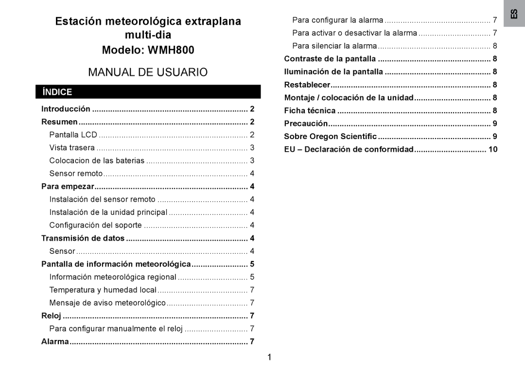 Oregon Scientific WMH800 user manual Índice 