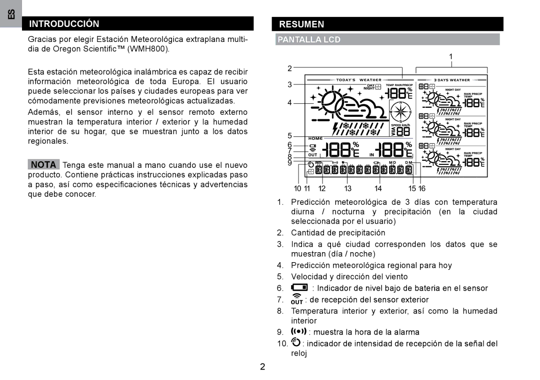 Oregon Scientific WMH800 user manual INTRoDUCCIóN, Resumen, PANTAllA lCD, Muestra la hora de la alarma 