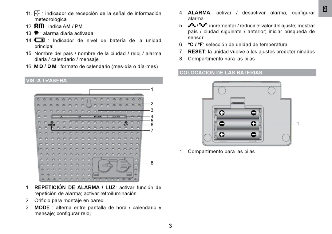 Oregon Scientific WMH800 user manual 2. indica AM PM, Vista Trasera, ColoCACIoN DE lAS bATERIAS 