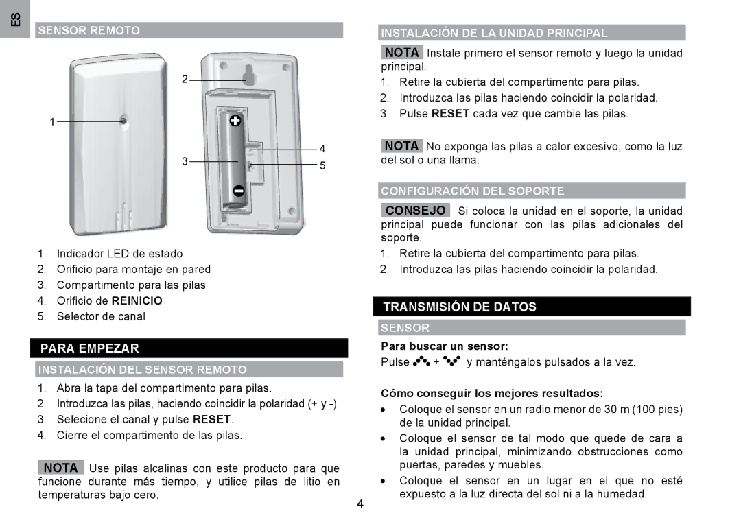 Oregon Scientific WMH800 user manual TRANSMISIóN DE DAToS, Para Empezar 