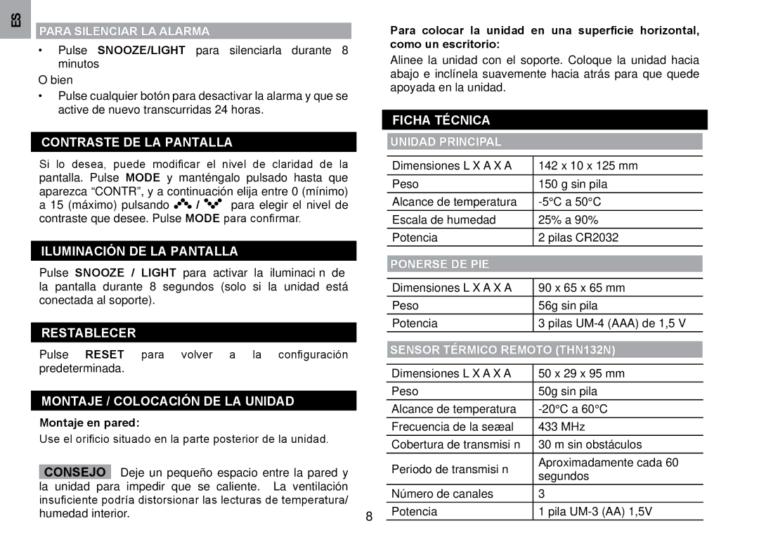 Oregon Scientific WMH800 user manual Ficha Técnica, CoNTRASTE DE lA PANTAllA, IlUMINACIóN DE lA PANTAllA, RESTAblECER 