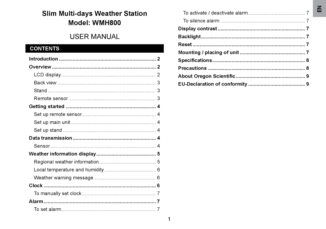 Oregon Scientific WMH800 user manual Slim Multi-days Weather Station, Contents 