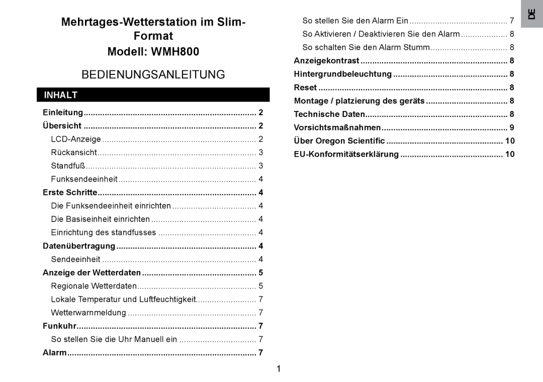 Oregon Scientific WMH800 user manual Inhalt 