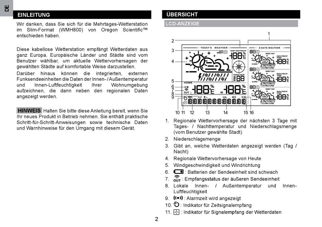 Oregon Scientific WMH800 user manual EINLEITUNg, ÜbERSIcHT, LcD-ANzEIgE, Empfangsstatus.der.äußeren.Sendeeinheit 