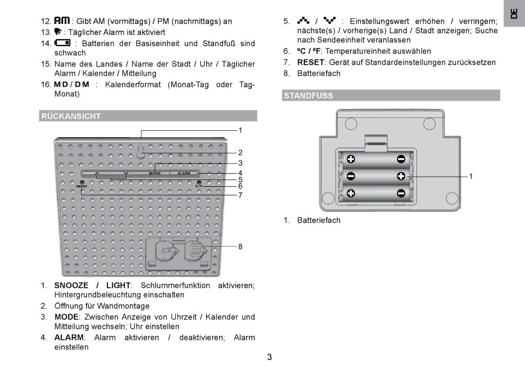 Oregon Scientific WMH800 user manual 3.. ..Täglicher.Alarm.ist.aktiviert, RÜcKANSIcHT, Standfuss 