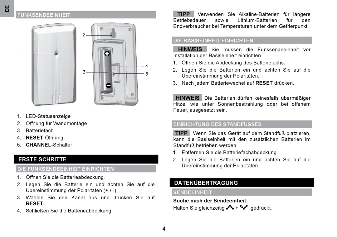 Oregon Scientific WMH800 user manual Erste ScHRITTE, DATENÜbERTRAgUNg, Funksendeeinheit, Reset, Sendeeinheit 