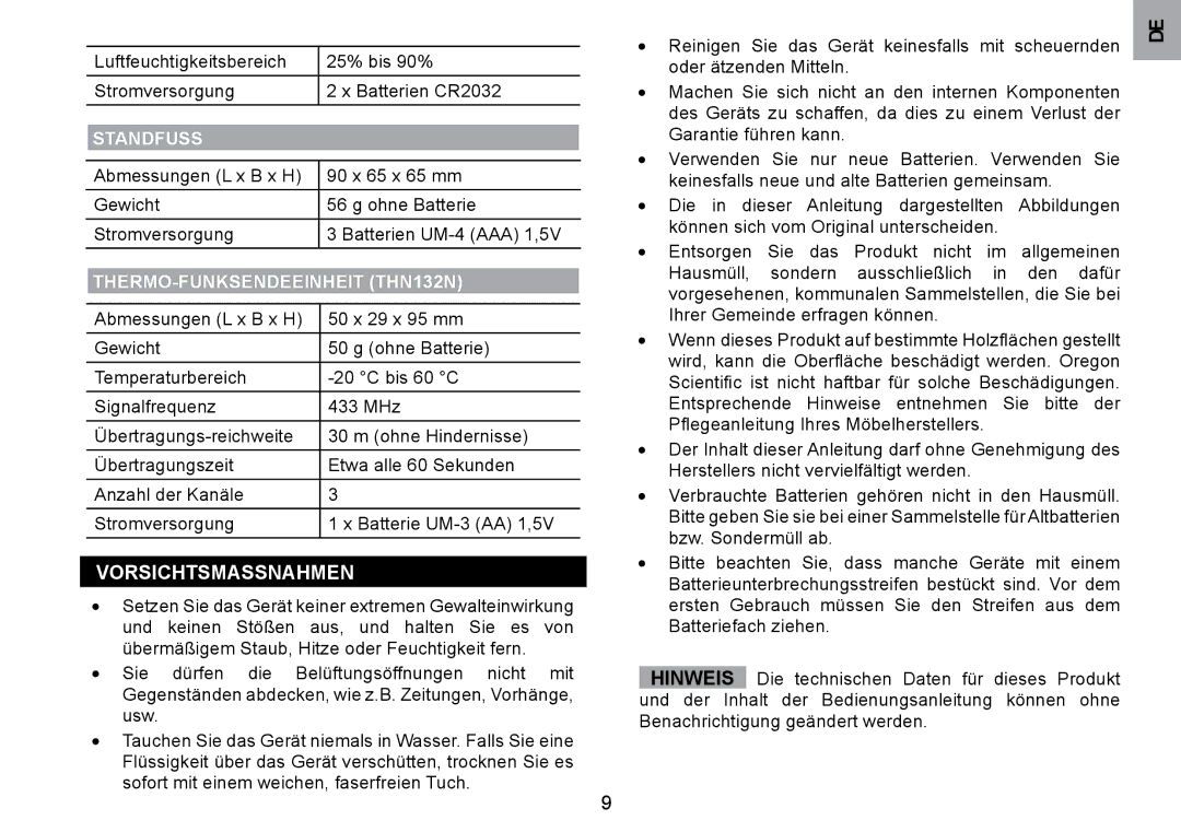 Oregon Scientific WMH800 user manual VORSIcHTSMASSNAHMEN, THERMO-FUNKSENDEEINHEIT THN132N 