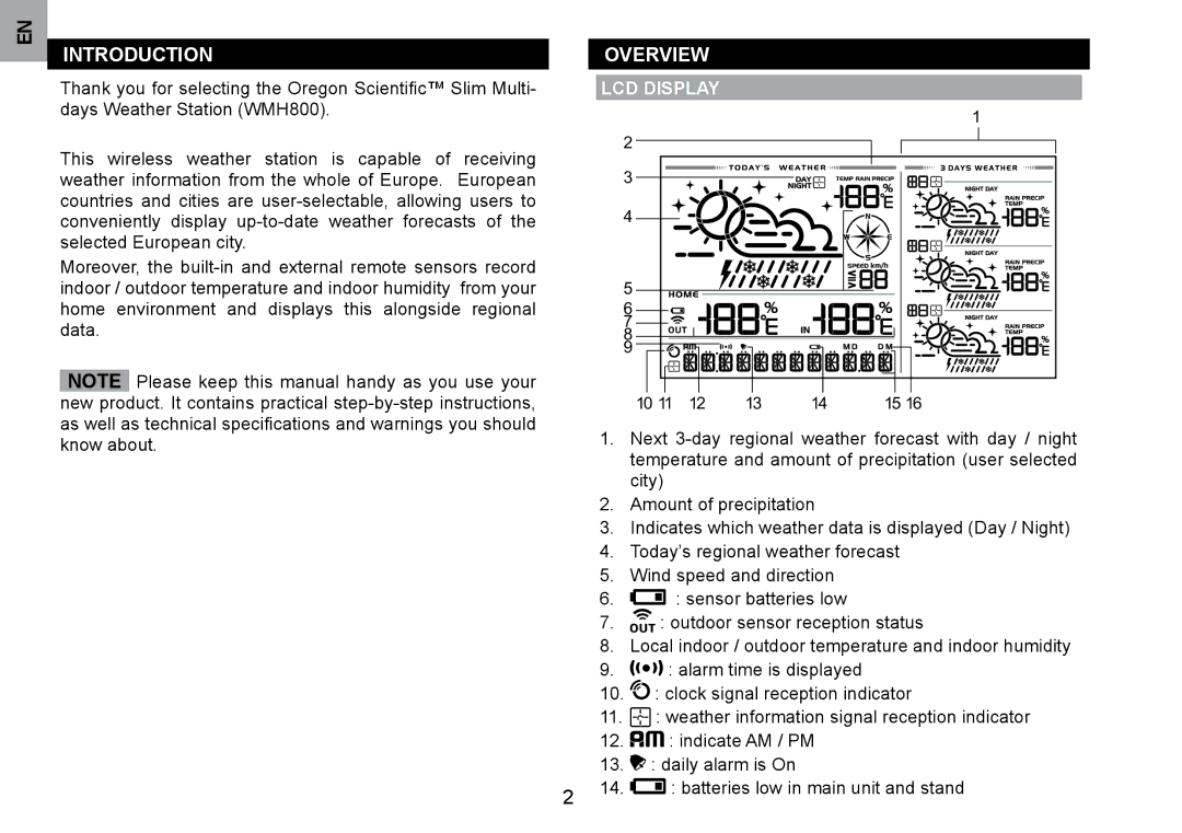 Oregon Scientific WMH800 user manual Introduction, OvERvIEW, LCD DISPLAy 