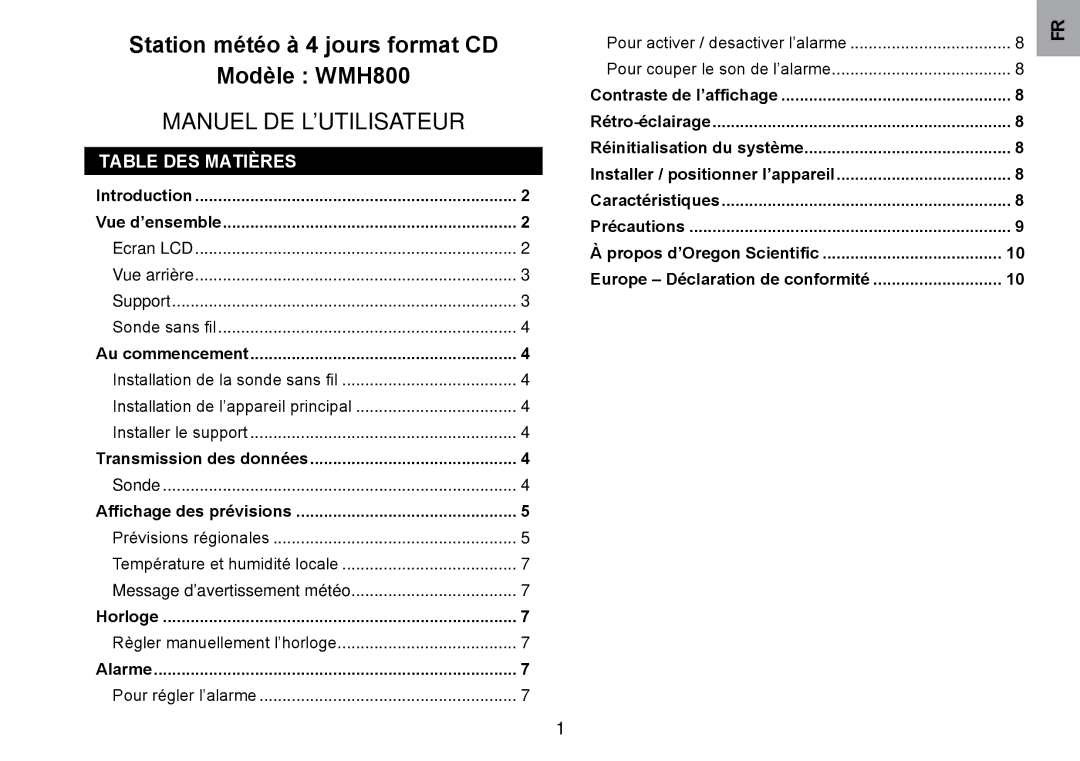 Oregon Scientific WMH800 user manual Table DES Matières 