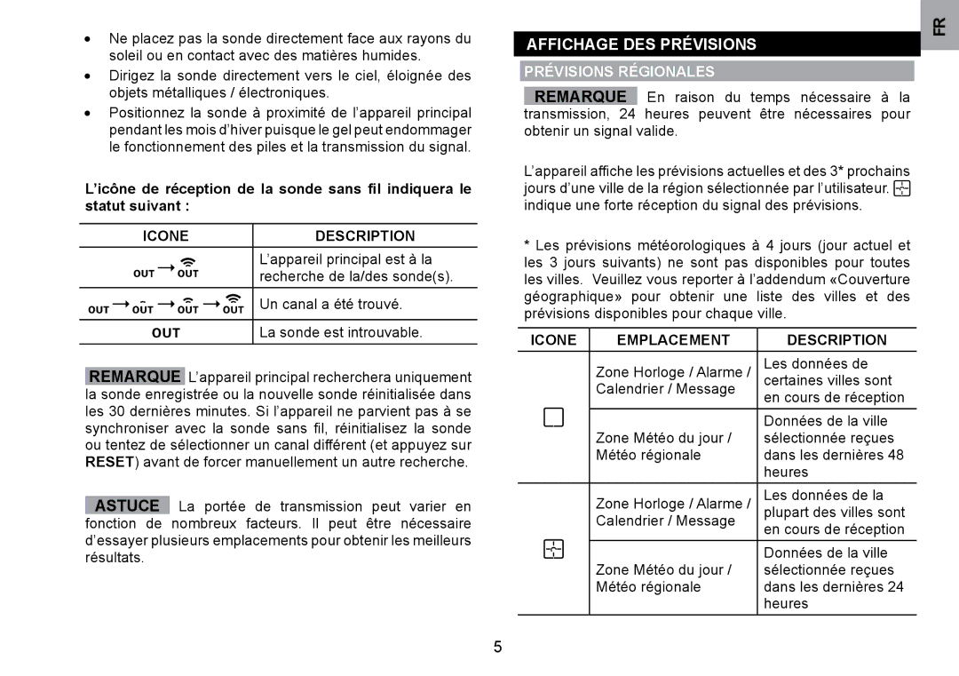 Oregon Scientific WMH800 user manual Affichage DES PRéVISIOnS, PRéVISIOnS RéGIOnALES, ICOnE EMPLACEMEnT DESCRIPTIOn 