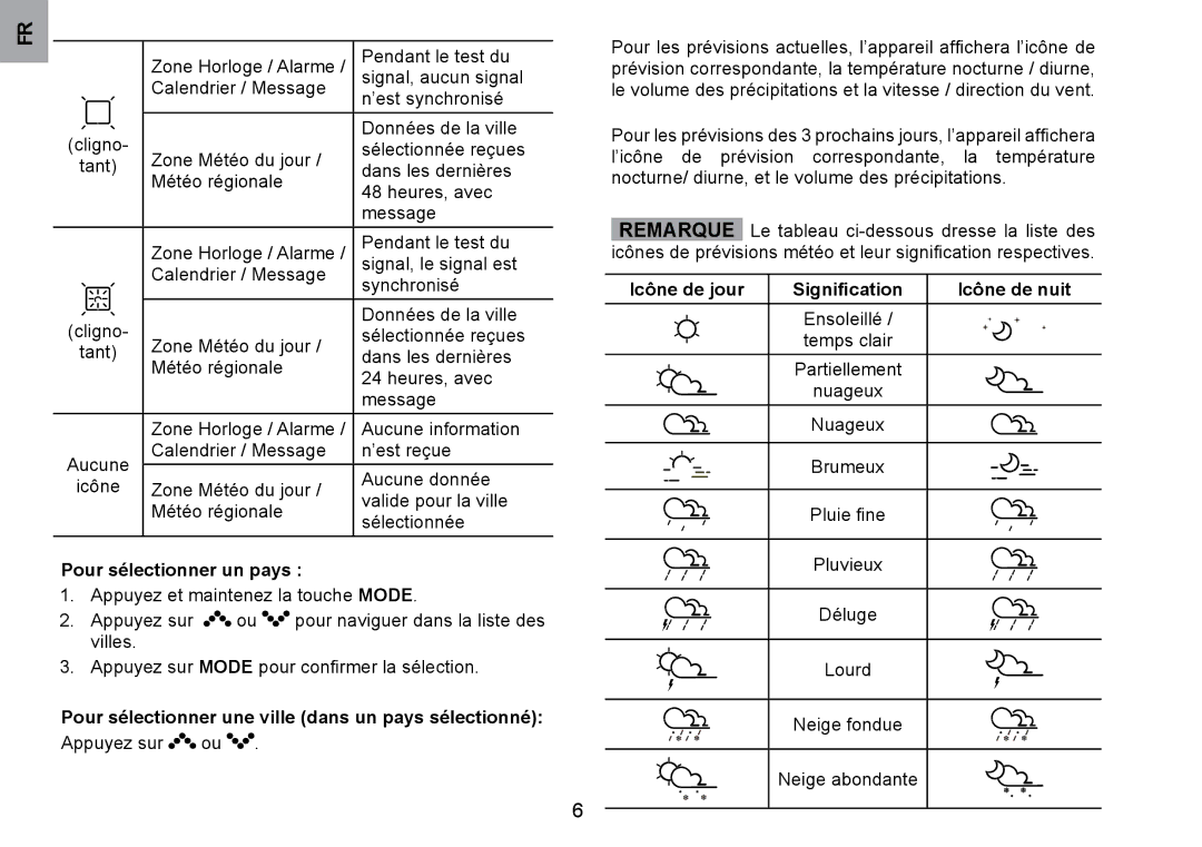 Oregon Scientific WMH800 user manual Pour sélectionner un pays, Pour sélectionner une ville dans un pays sélectionné 