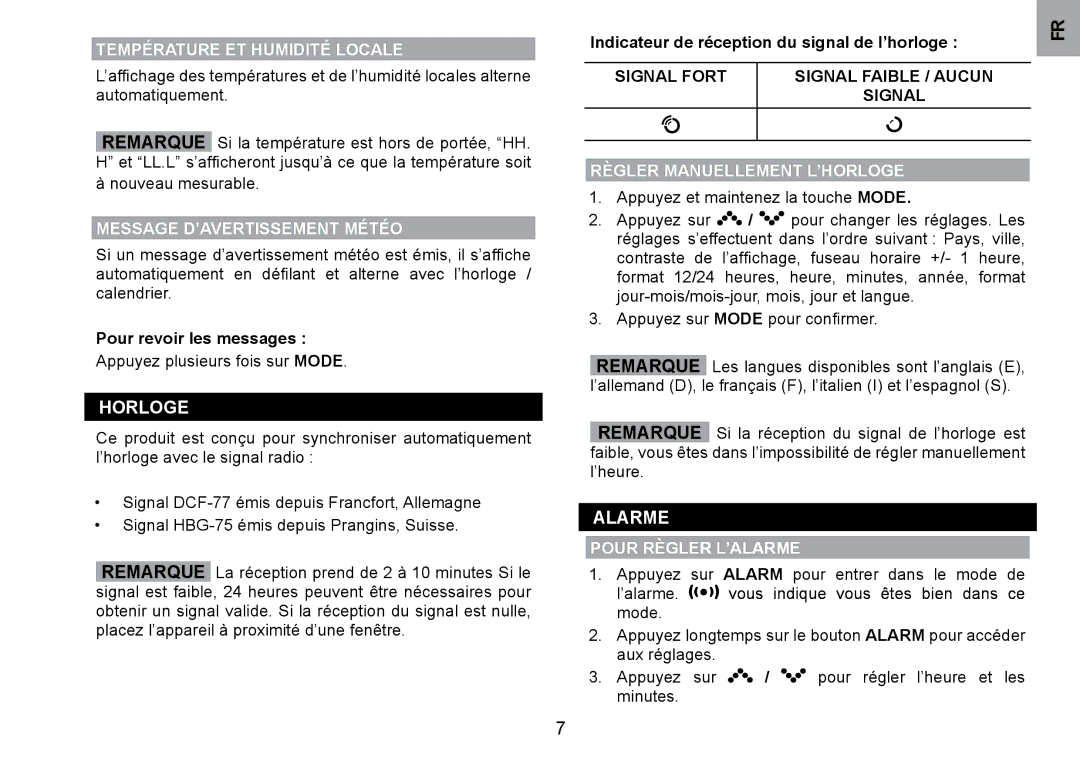 Oregon Scientific WMH800 user manual Horloge, Alarme 