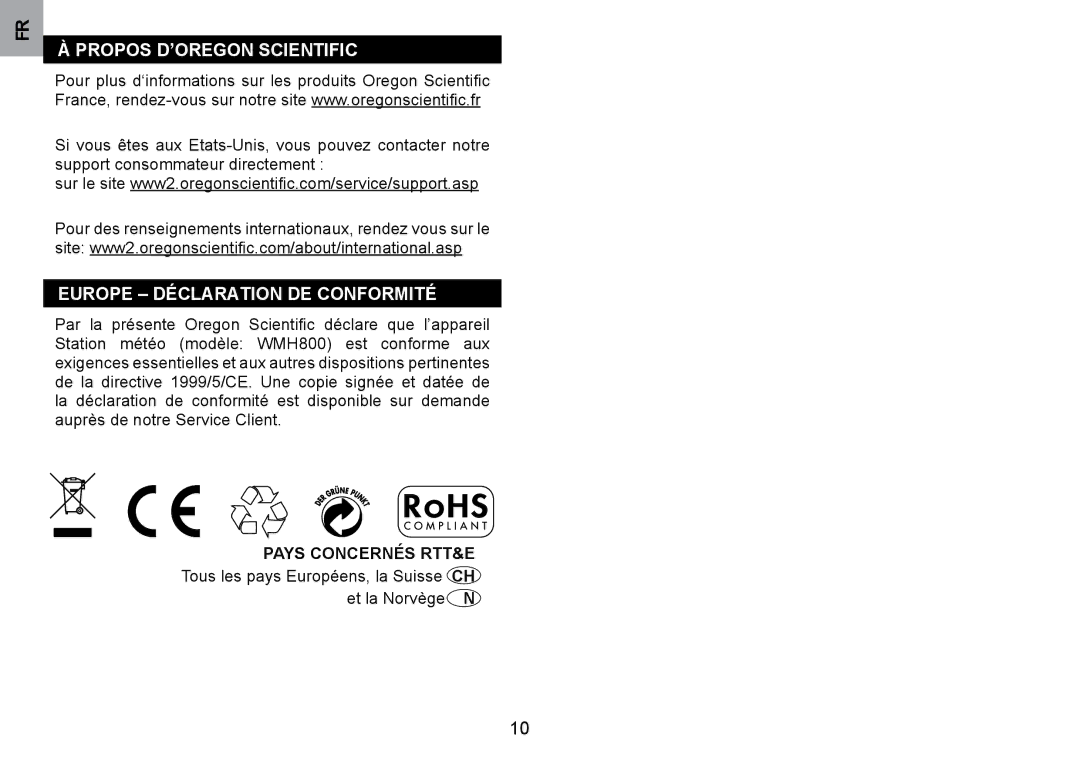 Oregon Scientific WMH800 user manual Propos D’OREGOn SCIEnTIFIC, EuROPE DéCLARATIOn DE COnFORMITé 