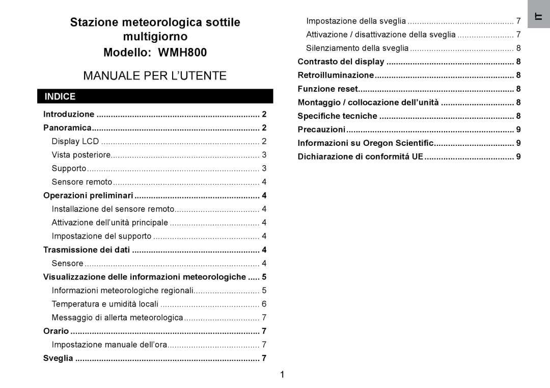 Oregon Scientific WMH800 user manual Indice 