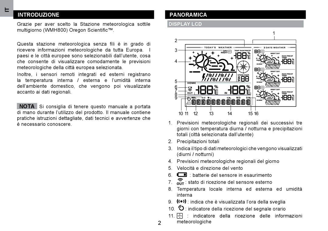 Oregon Scientific WMH800 user manual INTRODUzIONE, Panoramica, DISPlAy lCD 