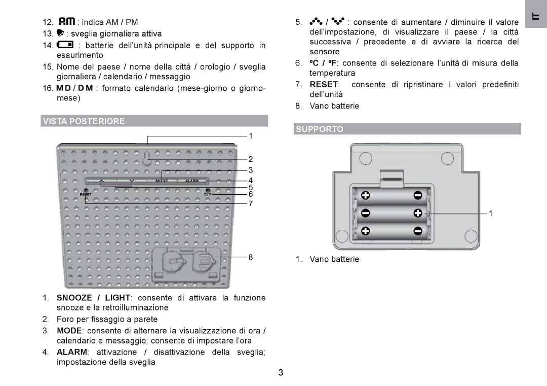 Oregon Scientific WMH800 user manual Vista Posteriore, Supporto 