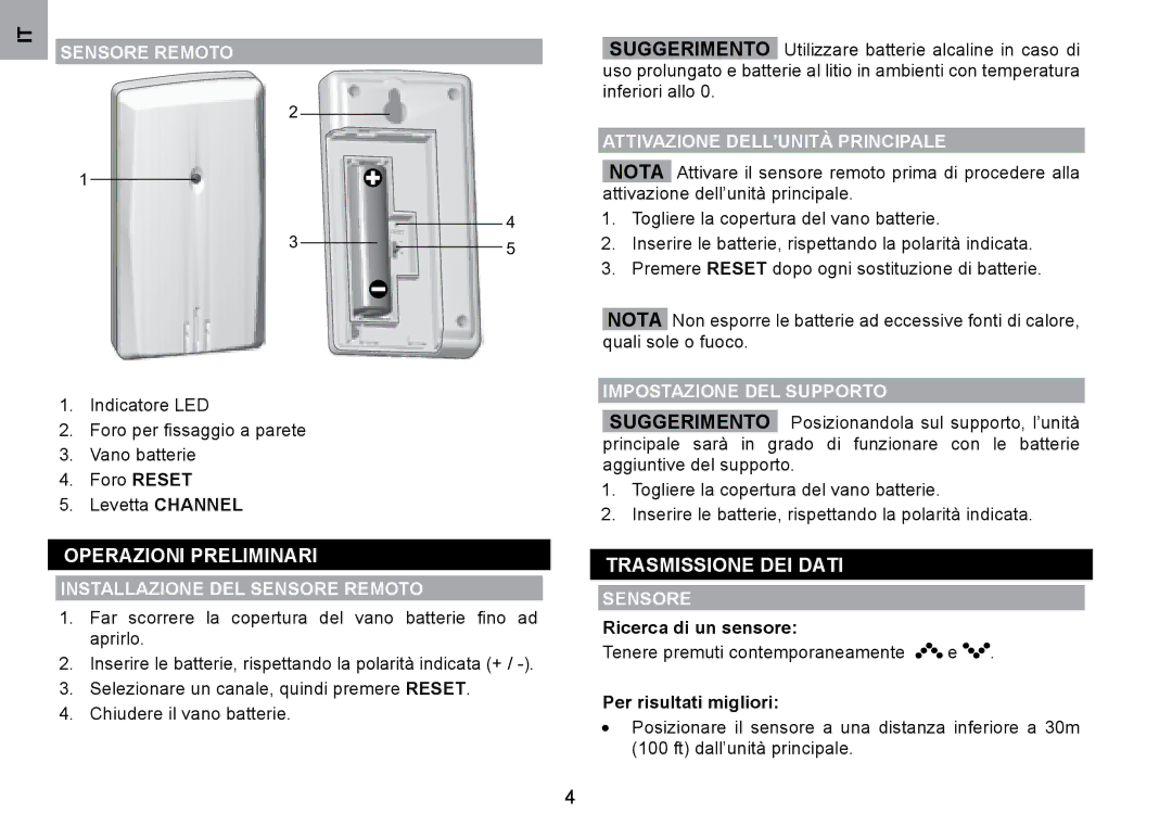 Oregon Scientific WMH800 user manual OPERAzIONI PRElIMINARI, Trasmissione DEI Dati, Sensore Remoto 