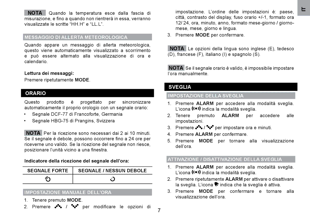 Oregon Scientific WMH800 user manual Orario, SVEGlIA 