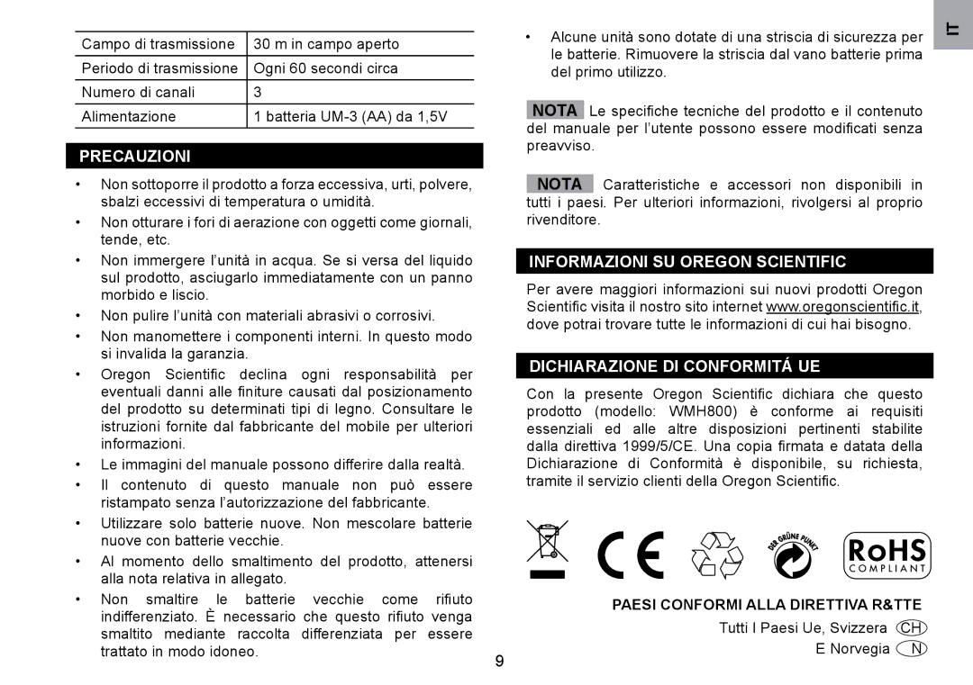 Oregon Scientific WMH800 user manual PRECAUzIONI, INFORMAzIONI SU Oregon Scientific, DICHIARAzIONE DI CONFORMITá UE 